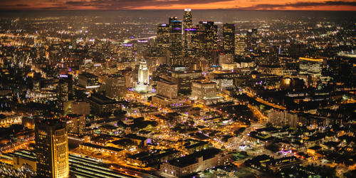 Blue skies and view of DTLA buildings