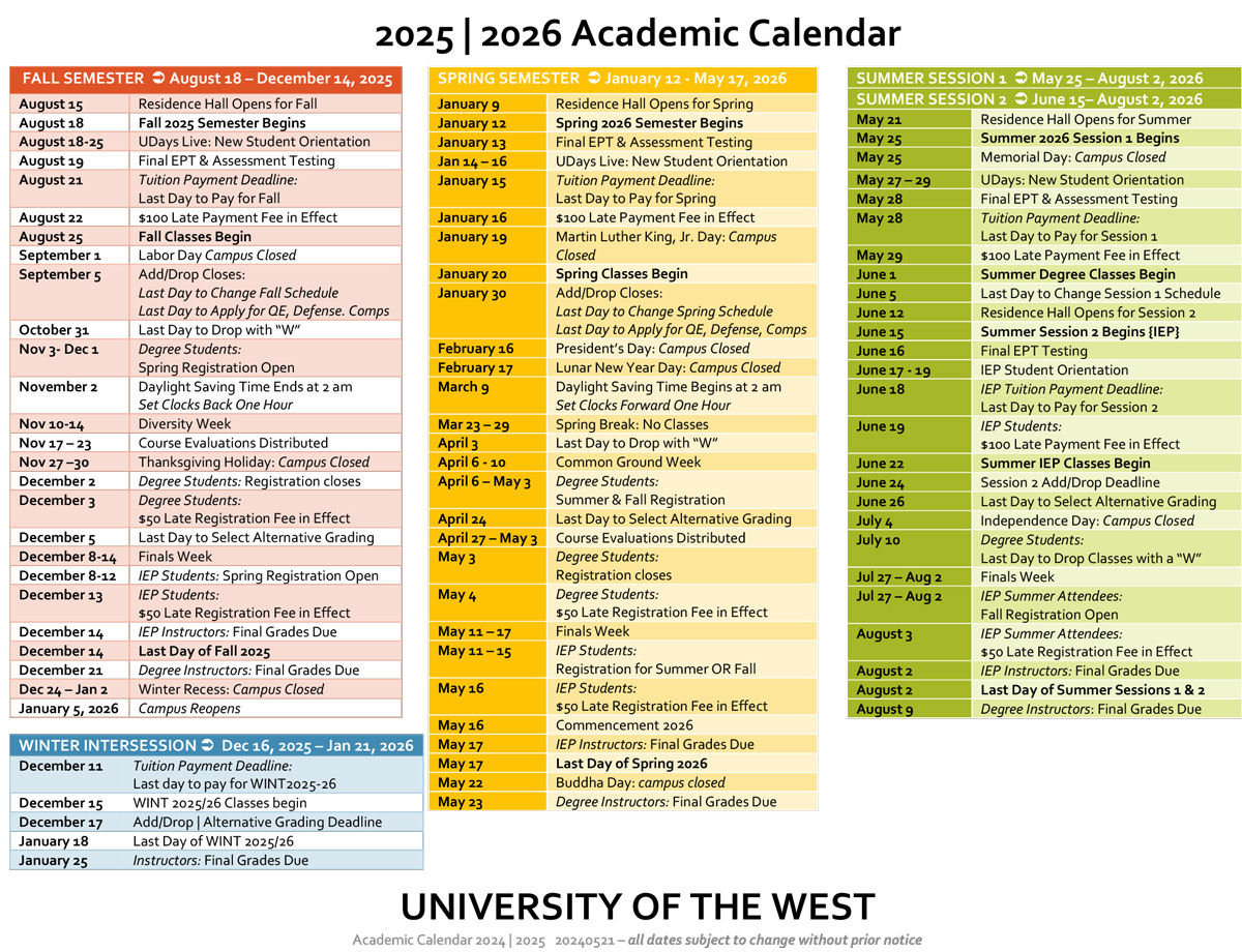 Academic Calendar for UWest