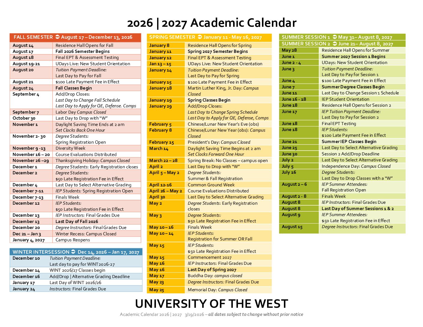 Academic Calendar for UWest