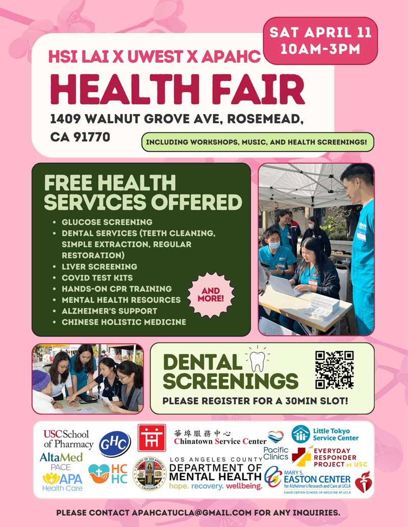 UWest Health Fair UWEST Health Fair Flyer with pink background, photo of students volunteering at booth