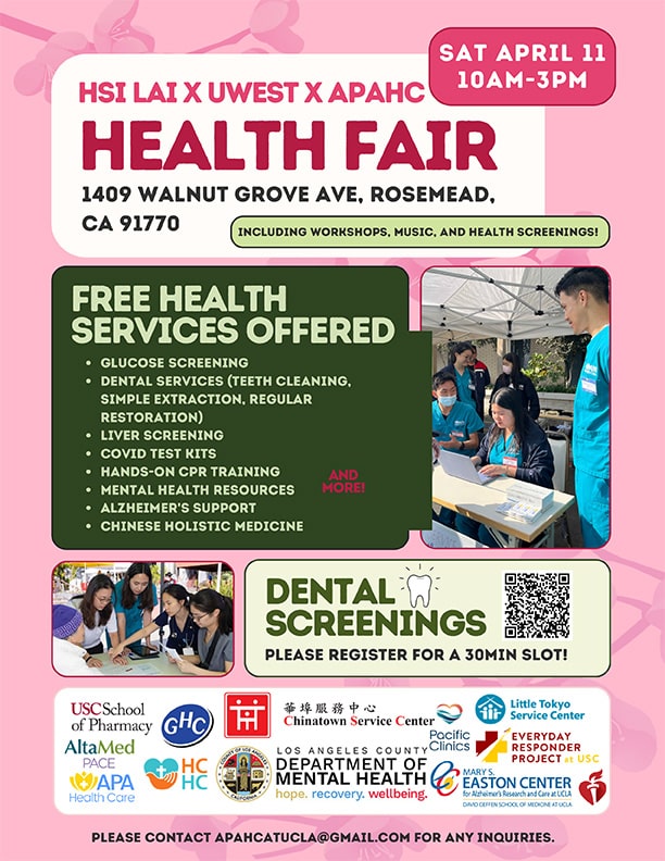 UWEST Health Fair Flyer with pink background, photo of students volunteering at booth
