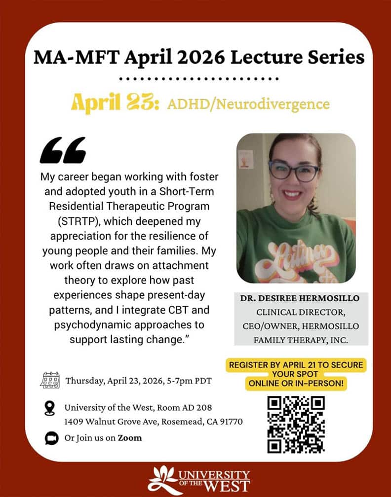 MA-MFT - 0423 lecture UWEST Health Fair Flyer with pink background, photo of students volunteering at booth