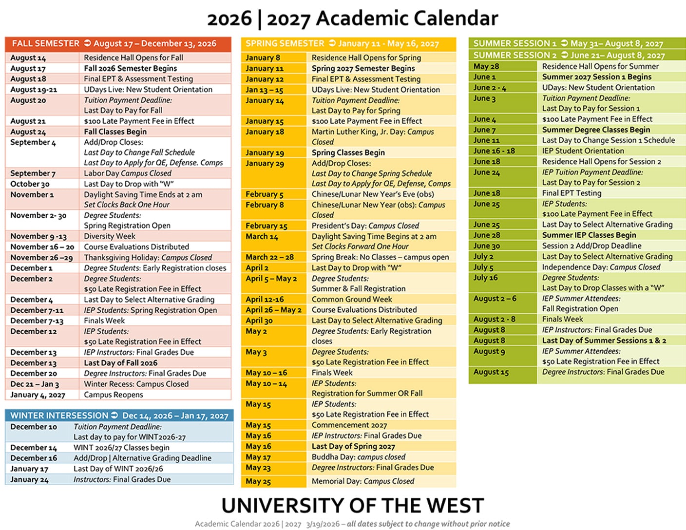 Academic Calendar for UWest