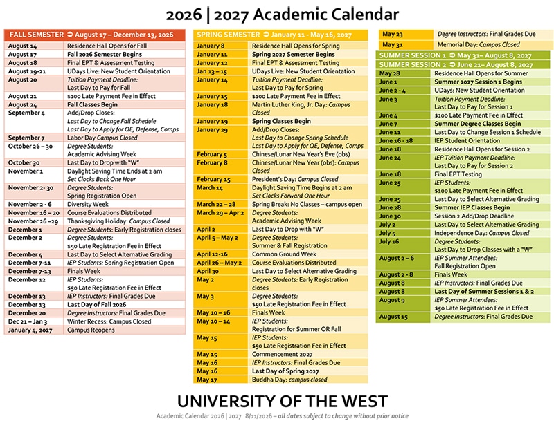 Academic Calendar for UWest
